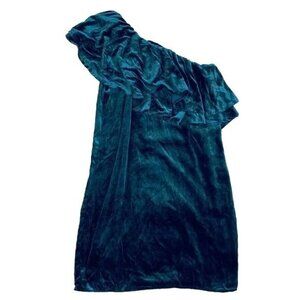 WAYF Dress SZ S‎ Teal Green Velvet Ruffle Cocktail One Shoulder Soft Lined Fairy